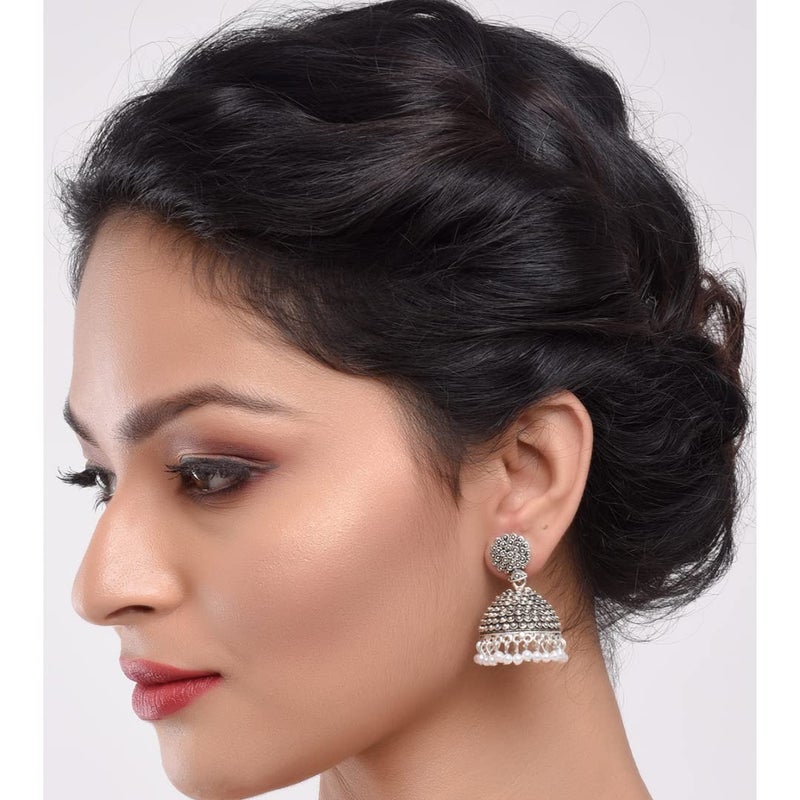 Efulgenz Silver Tone Jhumka Earrings for Women Oxidized Indian Earrings Boho Oxidized Traditional Temple Jhumki Earrings for Women Indian Oxidized Jewelry - Image 3